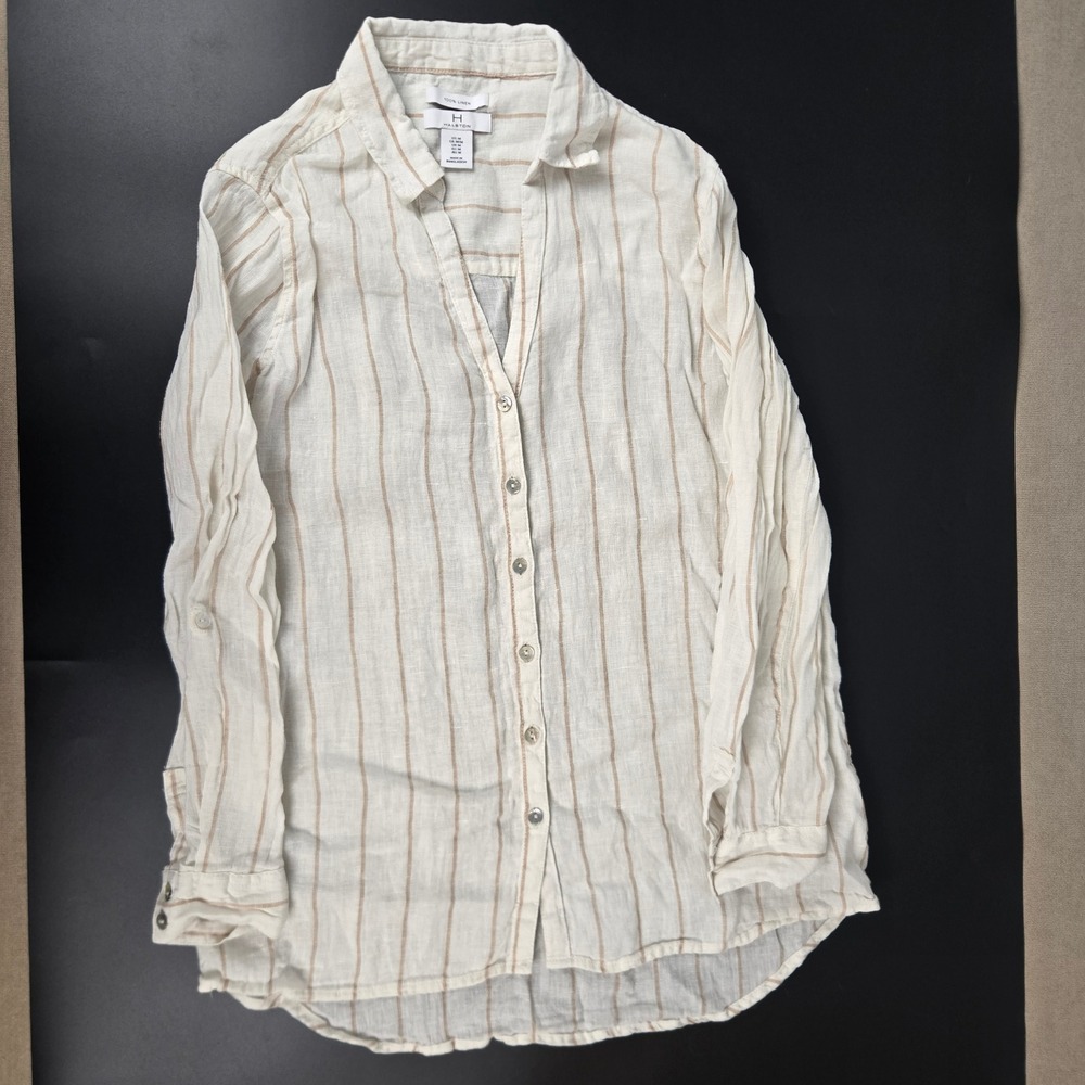 H Halston Womens Medium Linen Button Shirt Roll tab Coastal Striped Long Sleeve - Picture 2 of 8